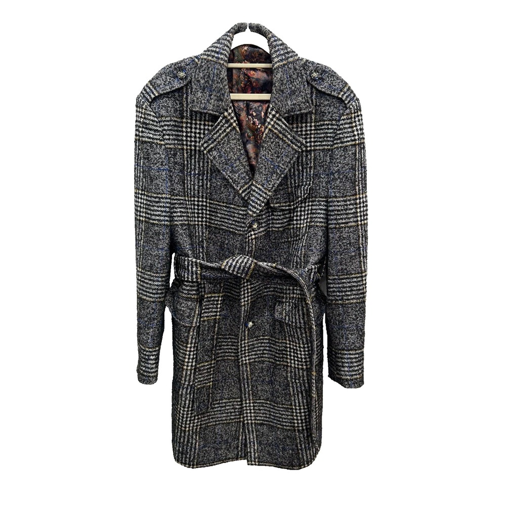 Tayon by‎ Montee Holland Coat Men's 42 Short Gray Plaid Wool Blend Belted Coat